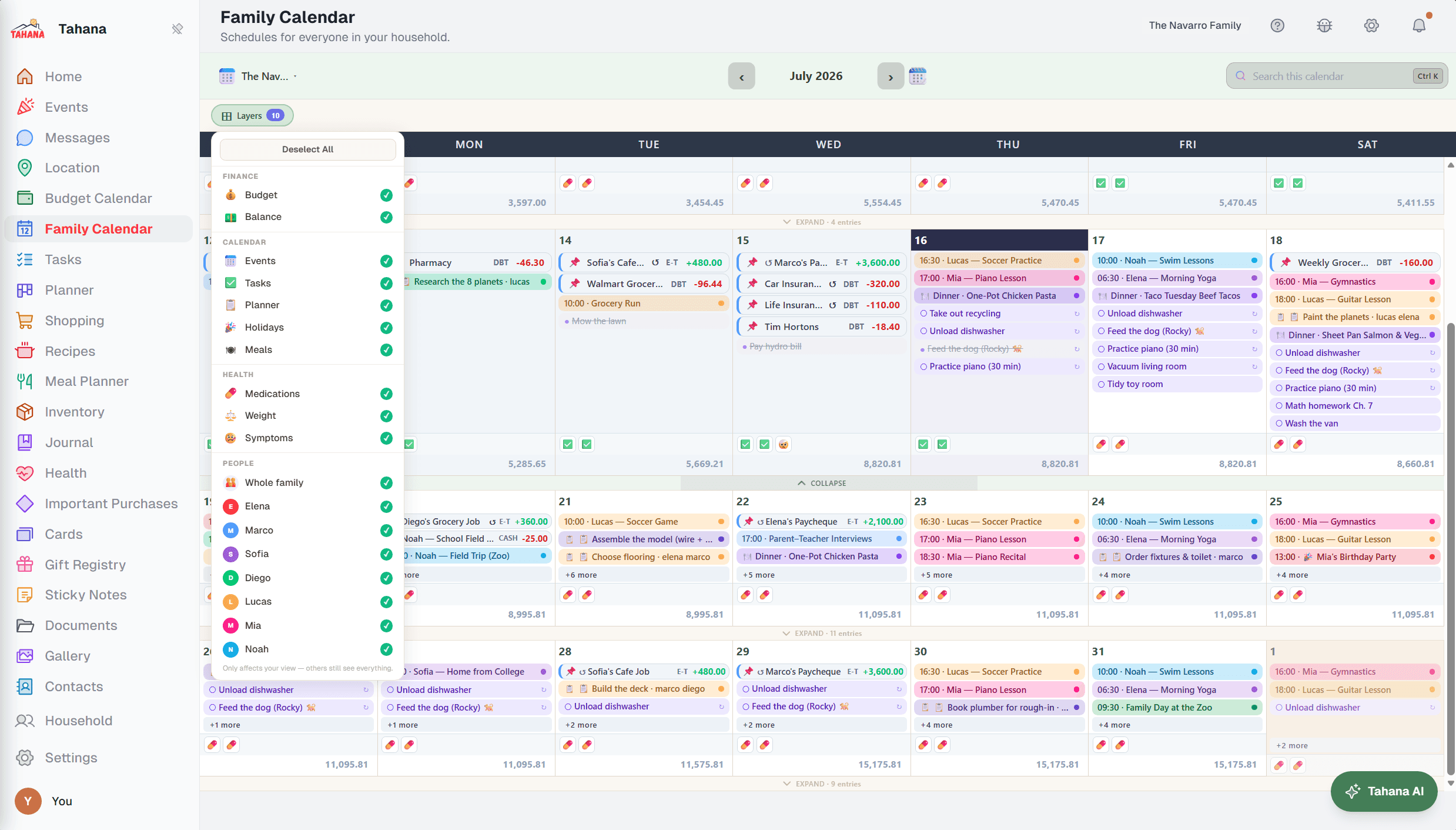 A month of a household's events, bills, meals and chores with layer toggles.